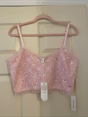 NWT For Love And Lemons Pink Floral Sequin Cropped Tank Top